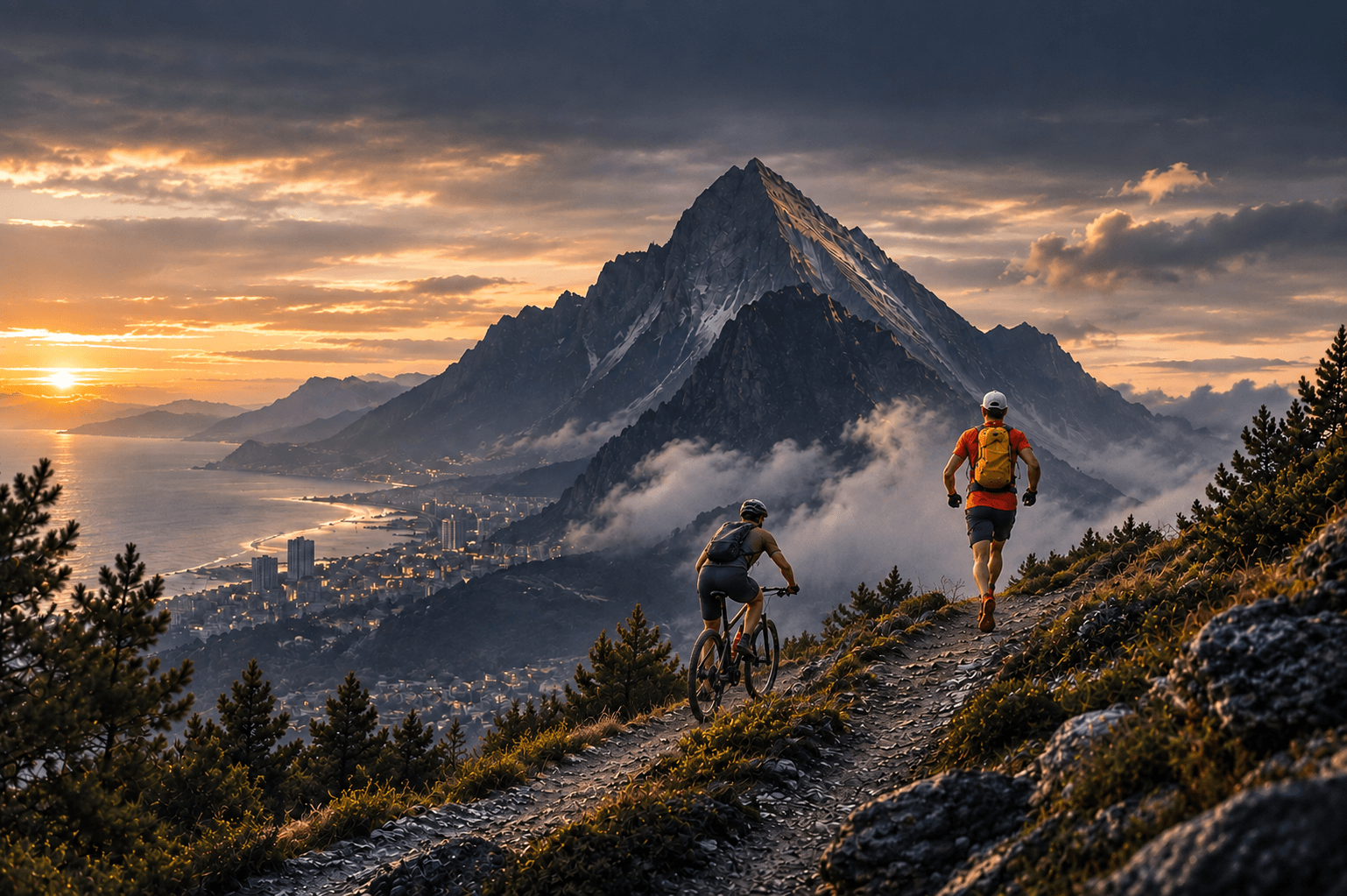 Un coureur et un cycliste sur un sentier de montagne au coucher du soleil, face à un sommet et à la mer